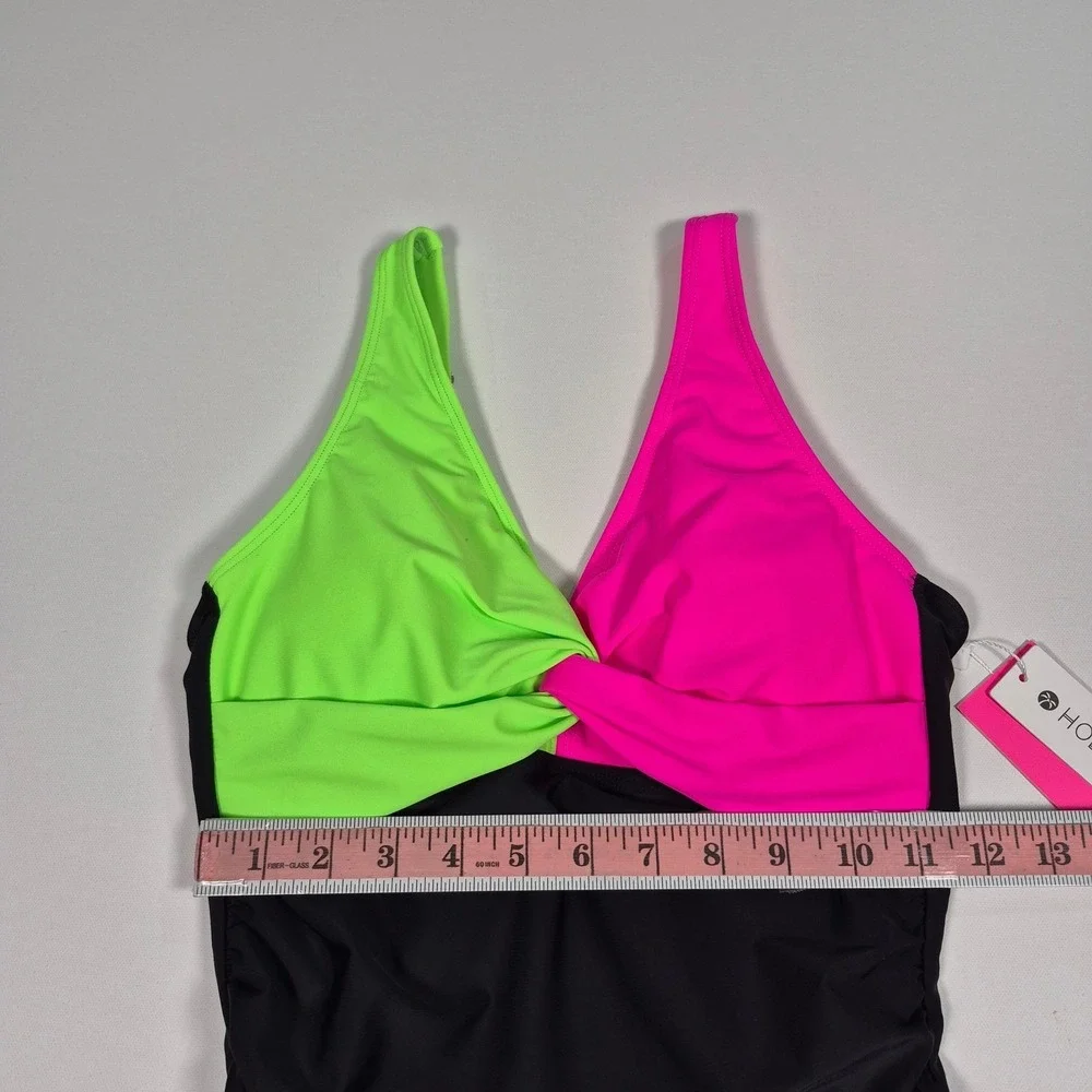Holipick Neon Black Pink Green V-Neck Tummy Control One Piece Swimsuit Small NWT